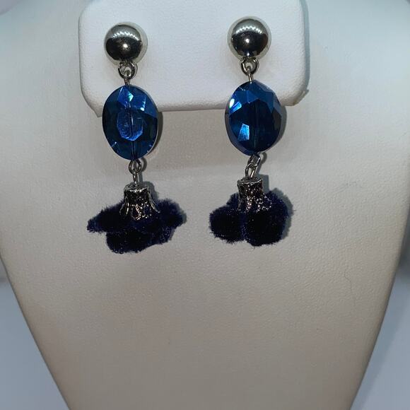 Silver-Tone Blue Beaded & Pom-Pom Dangle Earrings - Picture 1 of 7